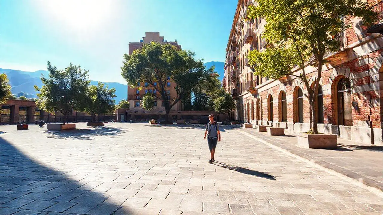 Plaza urbana tranquila, luz cálida y natural