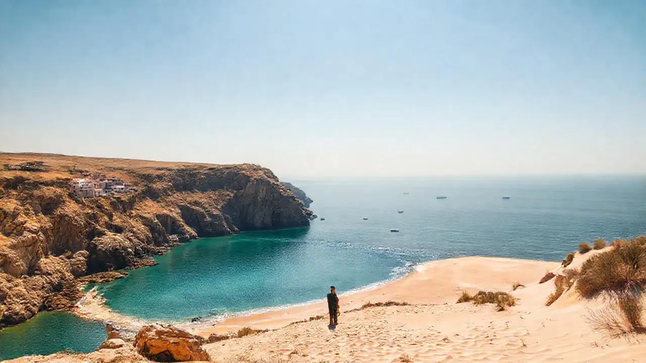 Costa serena, luz suave, paisaje amplio