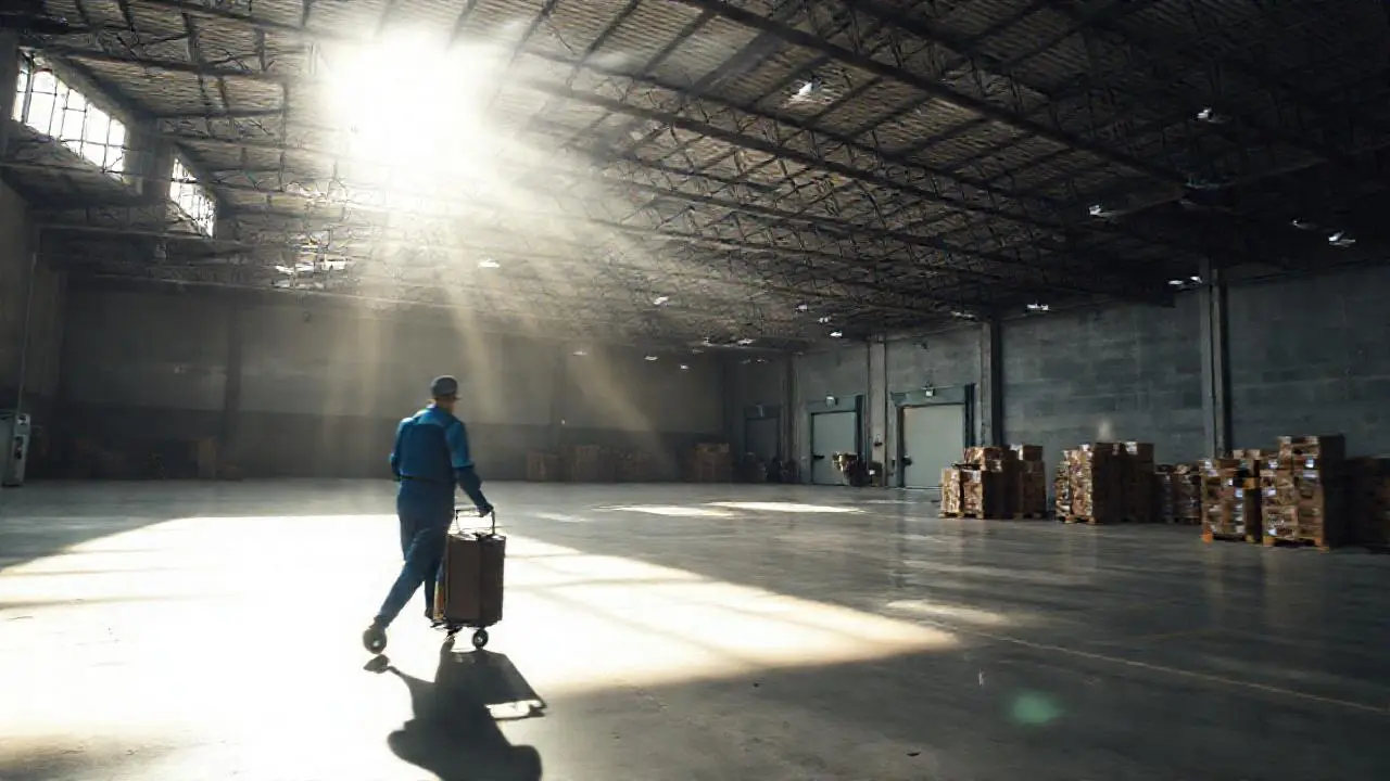 Almacén industrial activo, lleno de luz