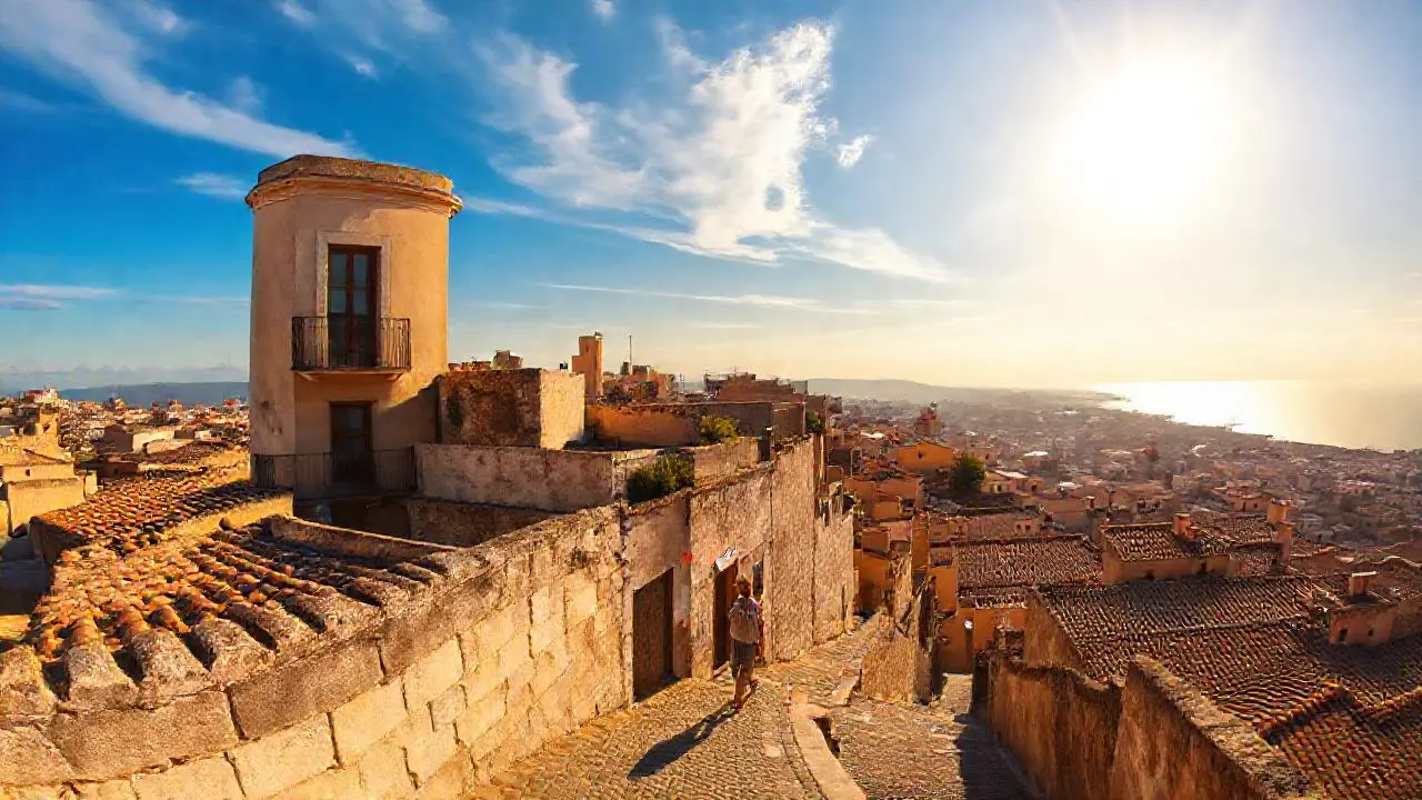 Ciudad antigua, luz cálida y distante