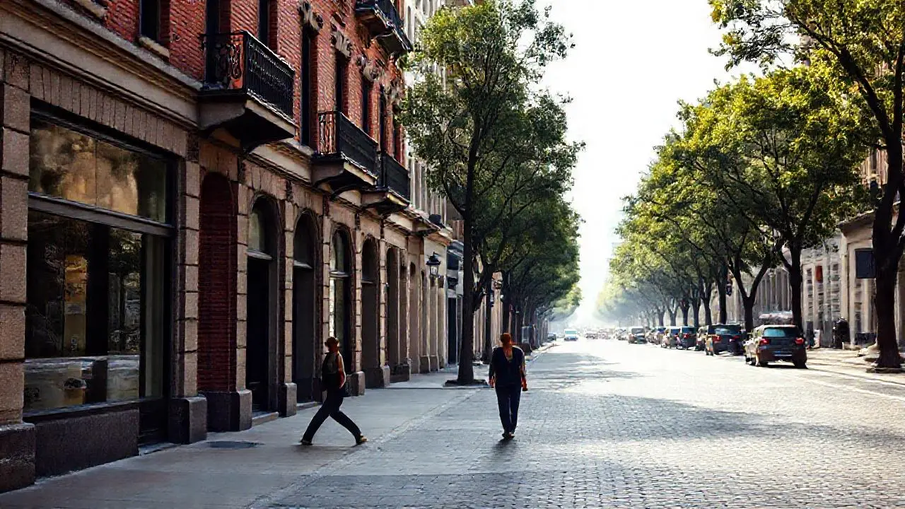 Calle urbana tranquila, luz cálida y realista