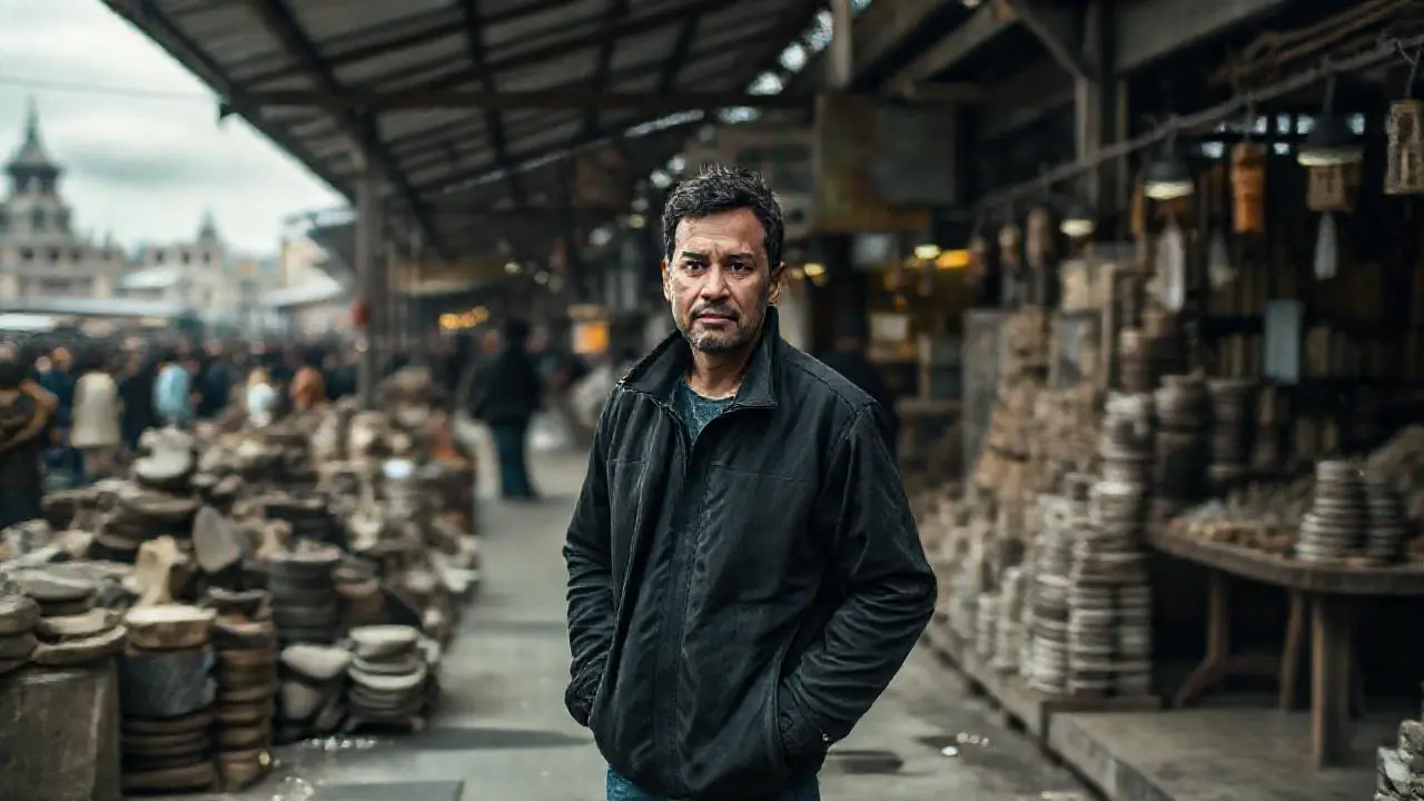 Mercado polvoriento, gente y arquitectura difusa