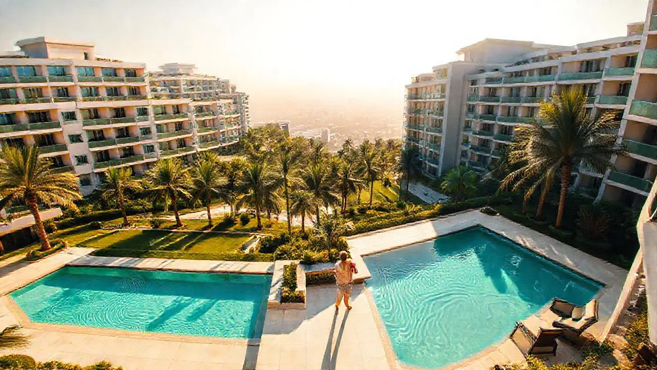 Arquitectura moderna, luz cálida, oasis relajante