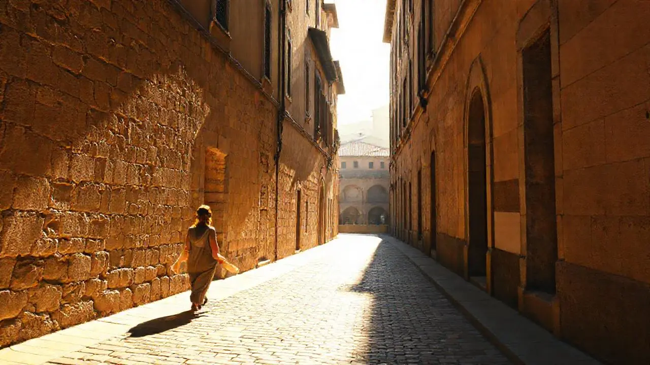 Pueblo antiguo, luz suave, atmósfera serena