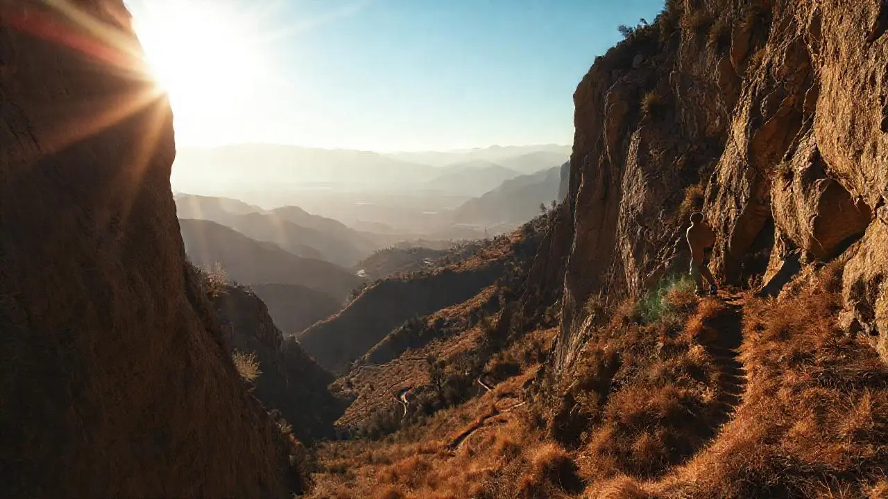 Imponente paisaje montañoso y escalador solitario