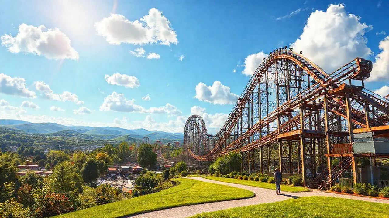 Parque de atracciones bañado por luz dorada