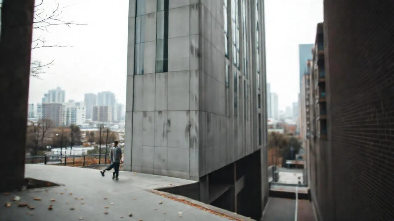 Ciudad tranquila, luz suave y leve movimiento