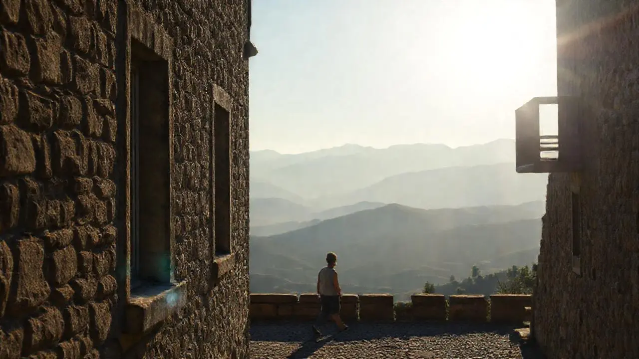 Serena vista montañosa y figura solitaria