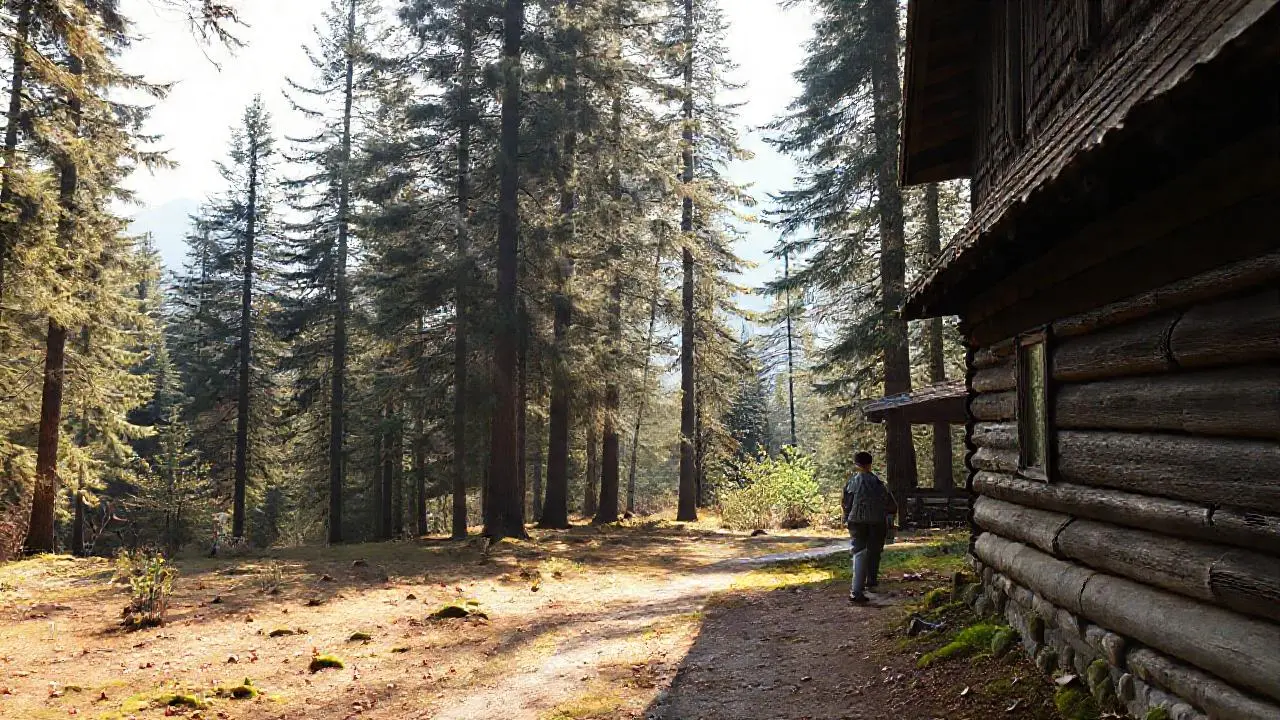 Bosque tranquilo, figura solitaria, luz suave