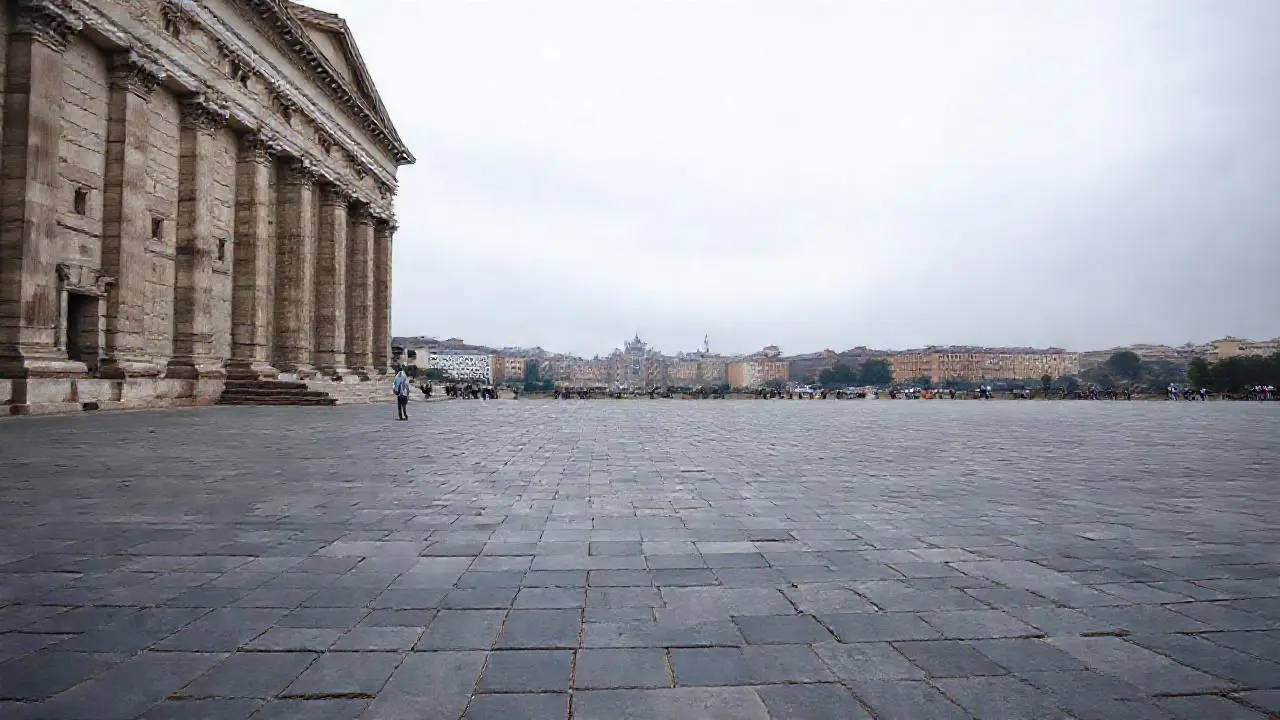Imponente quietud clásica bajo cielo pálido