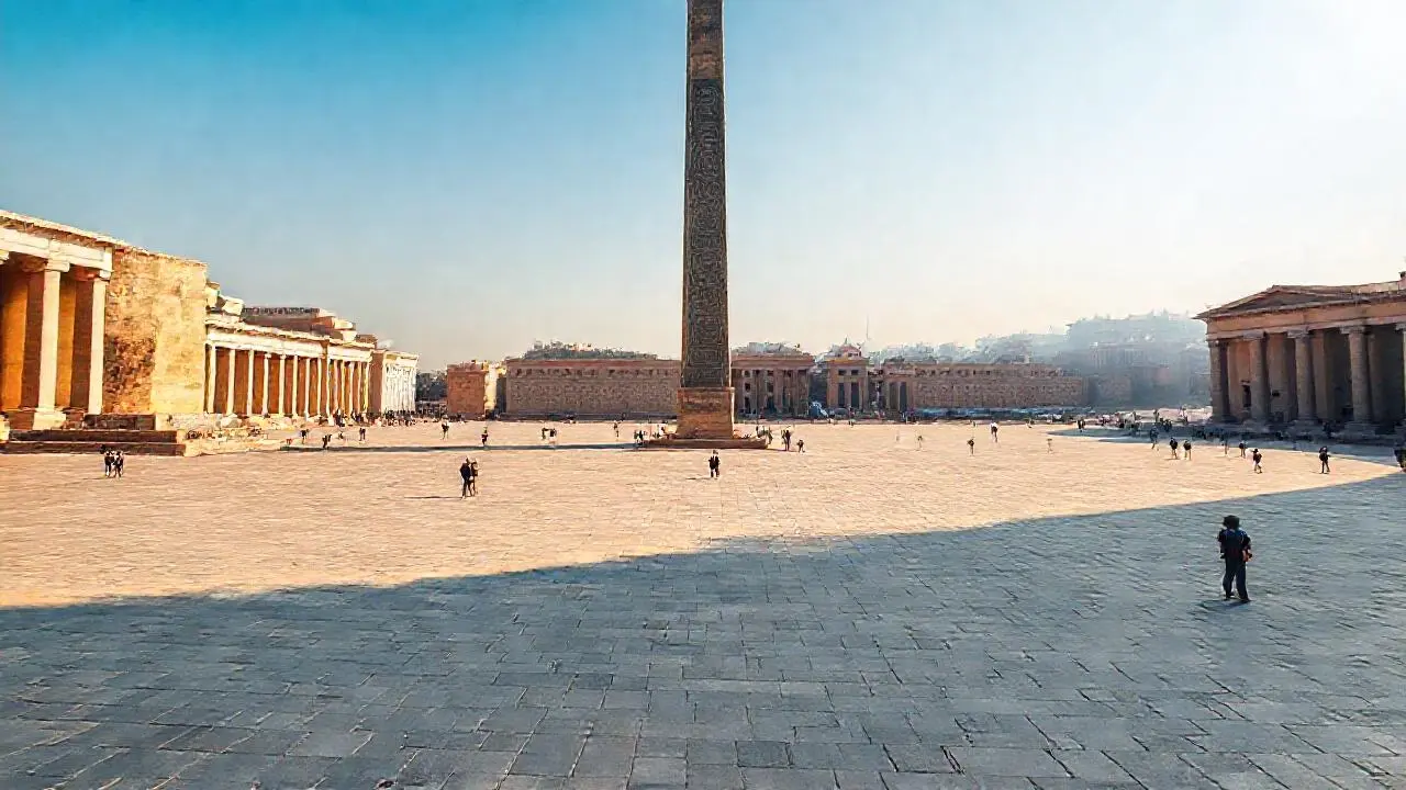 Plaza antigua, luz cálida y figuras dispersas