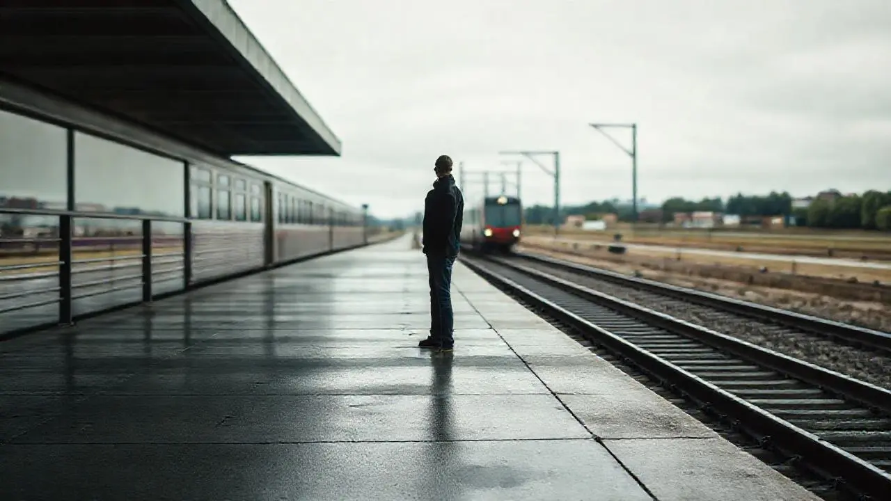 Tren solitario en plataforma gris y húmeda