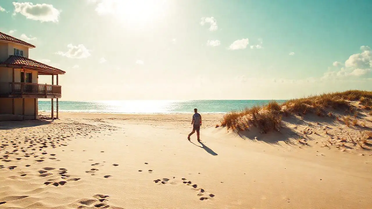 Tranquila playa, luz suave y espacio