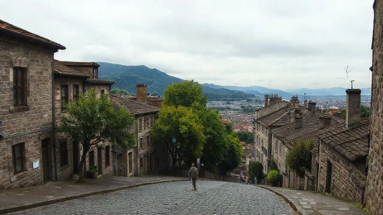 Pueblo antiguo, tranquilo y ligeramente brumoso