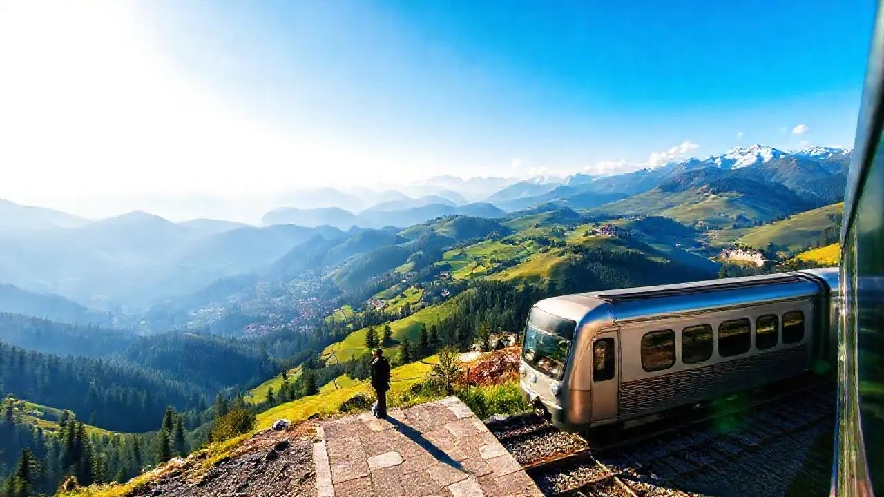 Paisaje alpino amplio con tren veloz