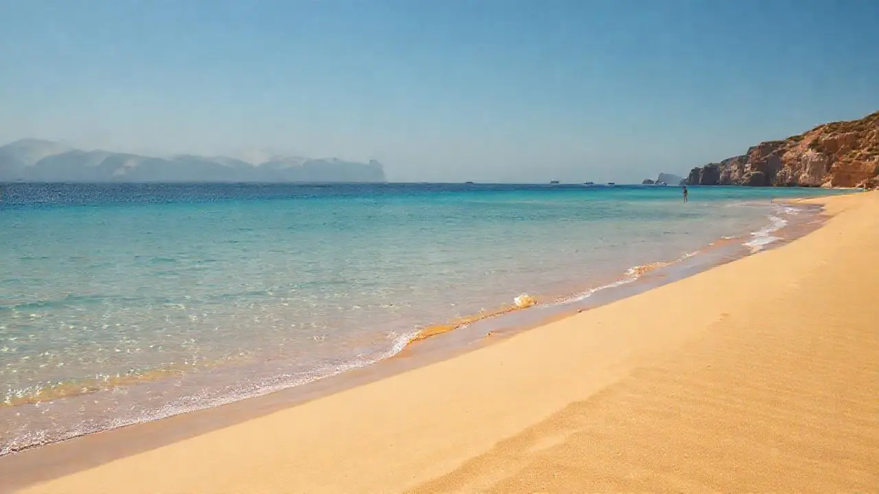 Playa serena, luz cálida, horizonte infinito