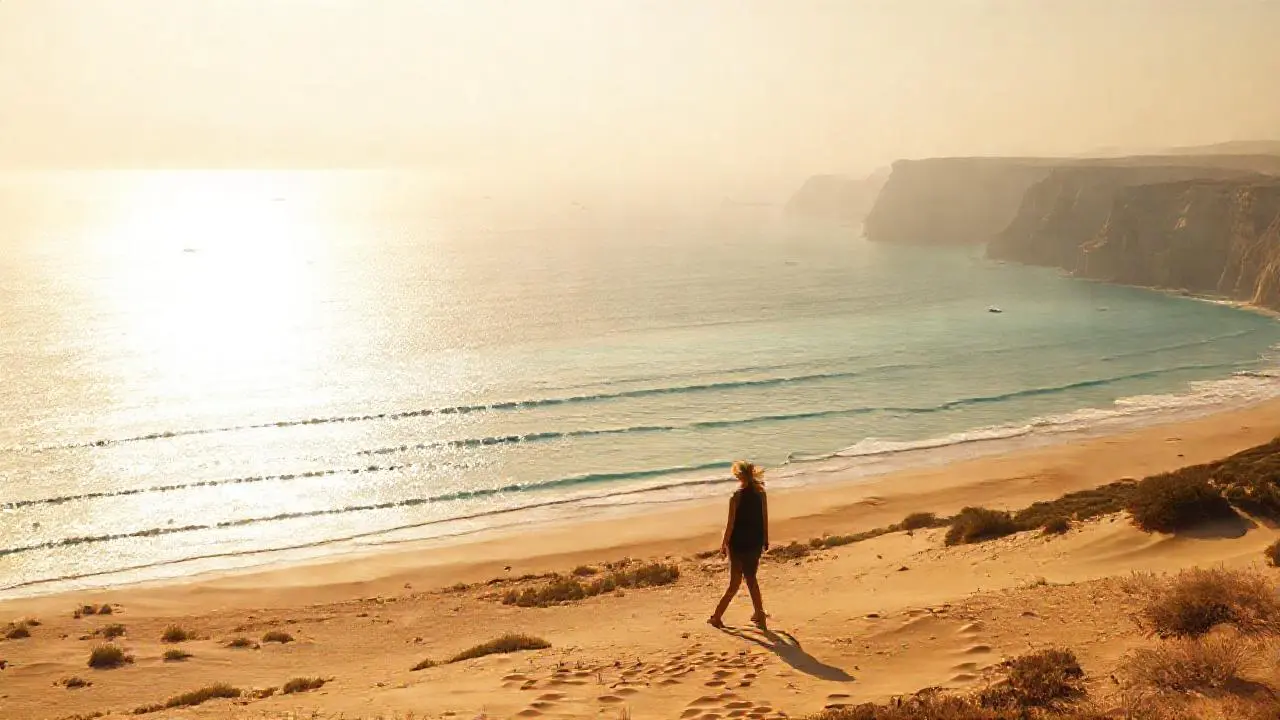 Tranquilidad costera, luz cálida y figura solitaria