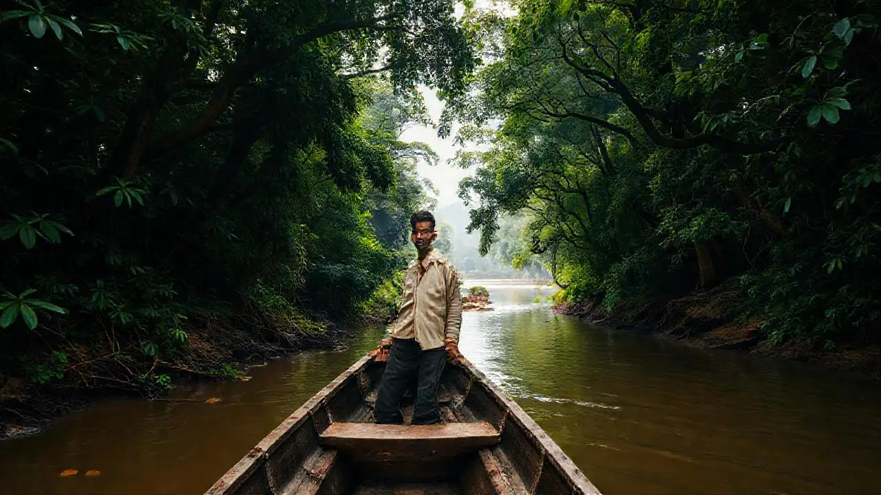 Un hombre descansa en un río selvático