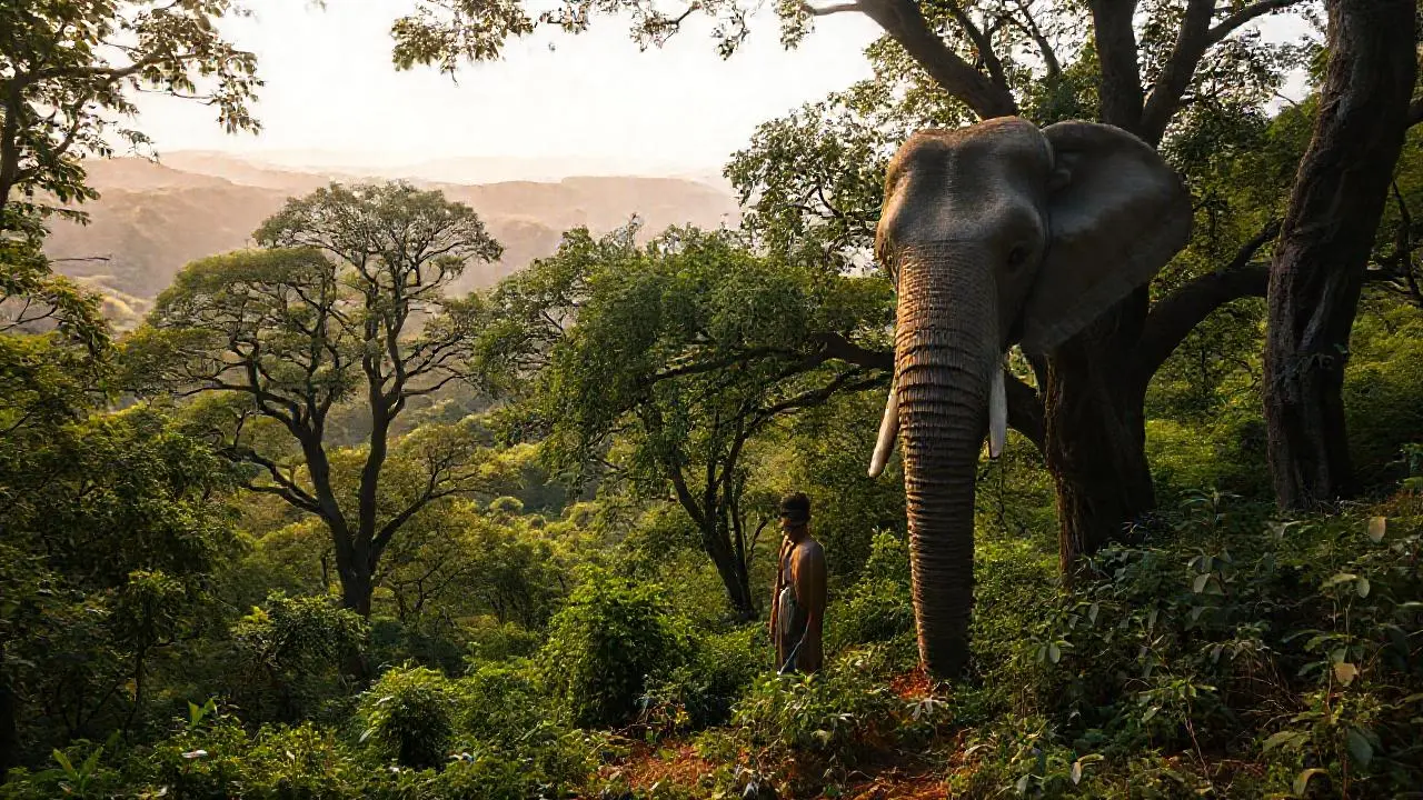 Paz natural: elefante y persona en paisaje sereno