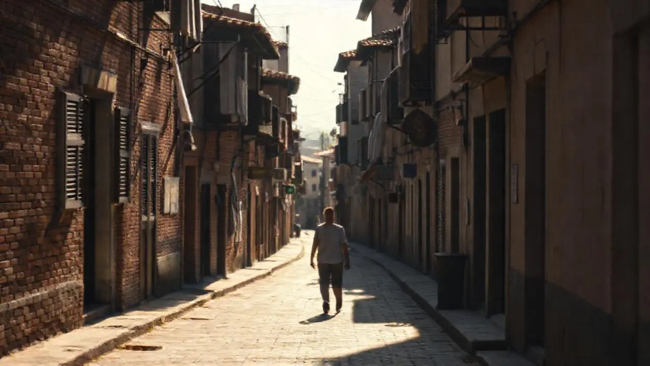 Calle antigua, tranquila, con luz cálida