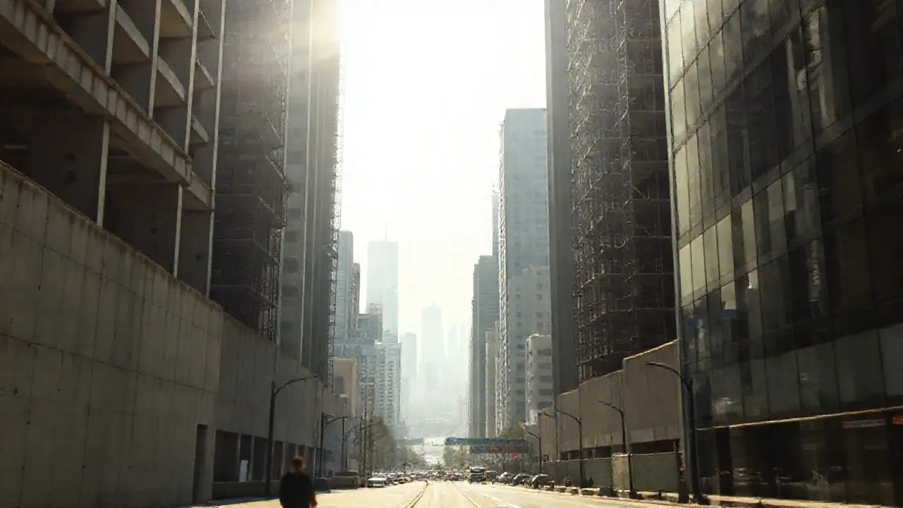 Ciudad en construcción, ambiente brumoso y extenso