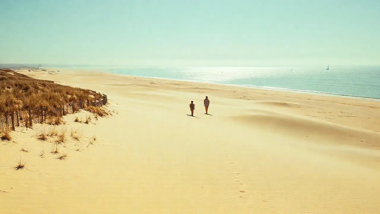 Amplia playa soleada, calma y abierta