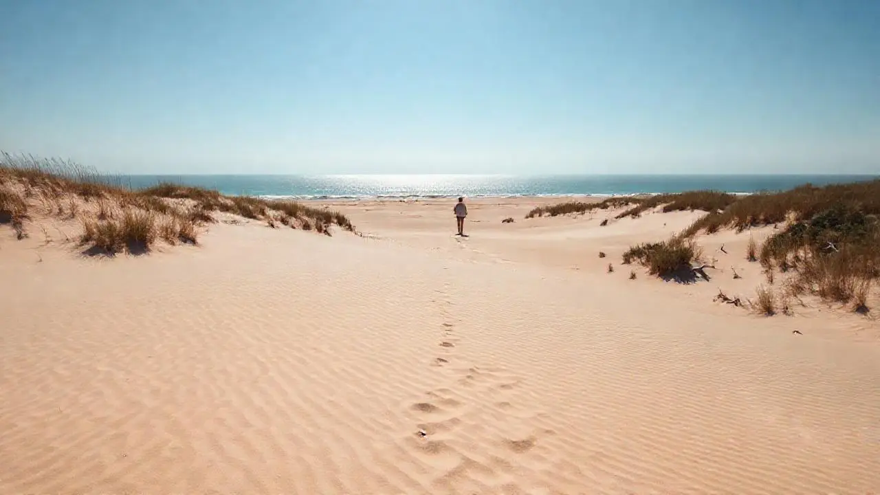 Playa extensa, calma y luminosa