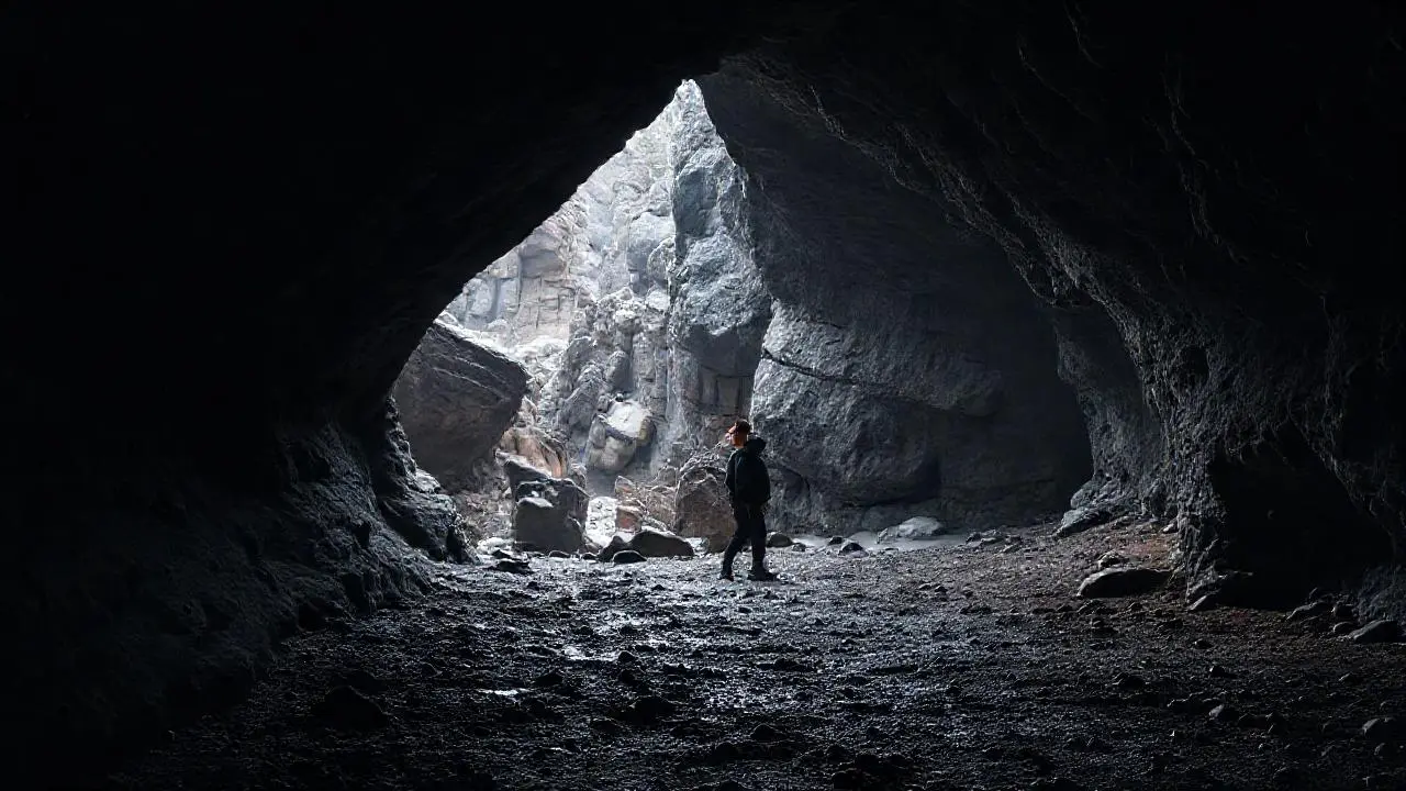 Cueva amplia, tranquila, con figura distante
