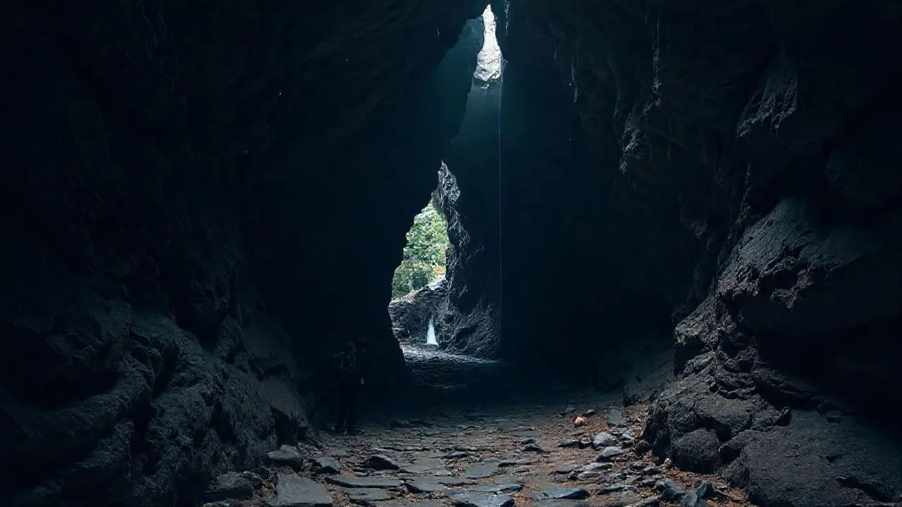Oscura cueva, figura solitaria y misteriosa