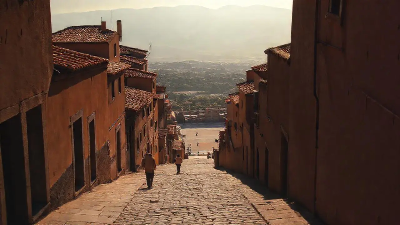 Pueblo antiguo, luz suave, calma y profundidad