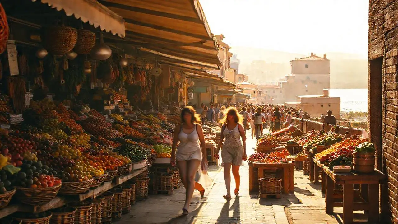 Mercado bullicioso, luz cálida y atmósfera serena