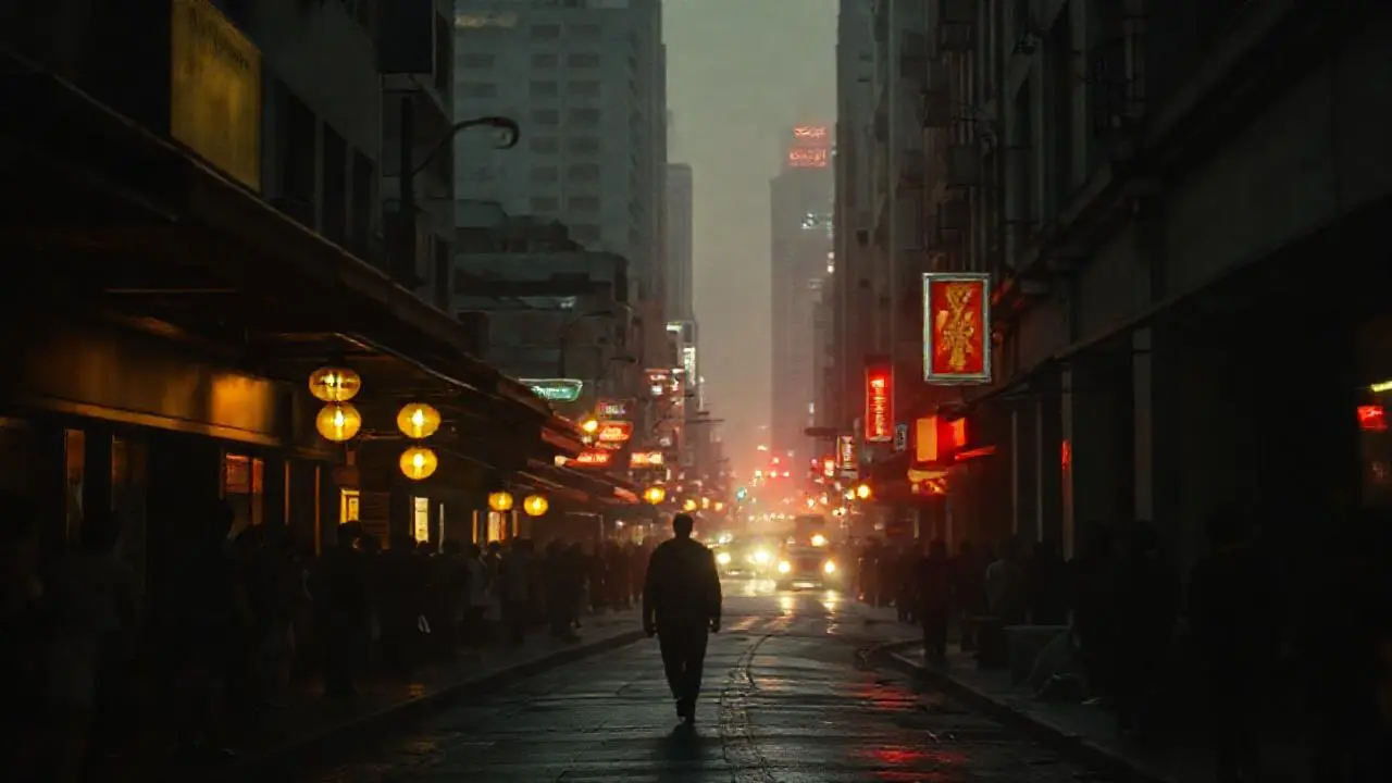 Calle urbana, nocturna y ligeramente borrosa