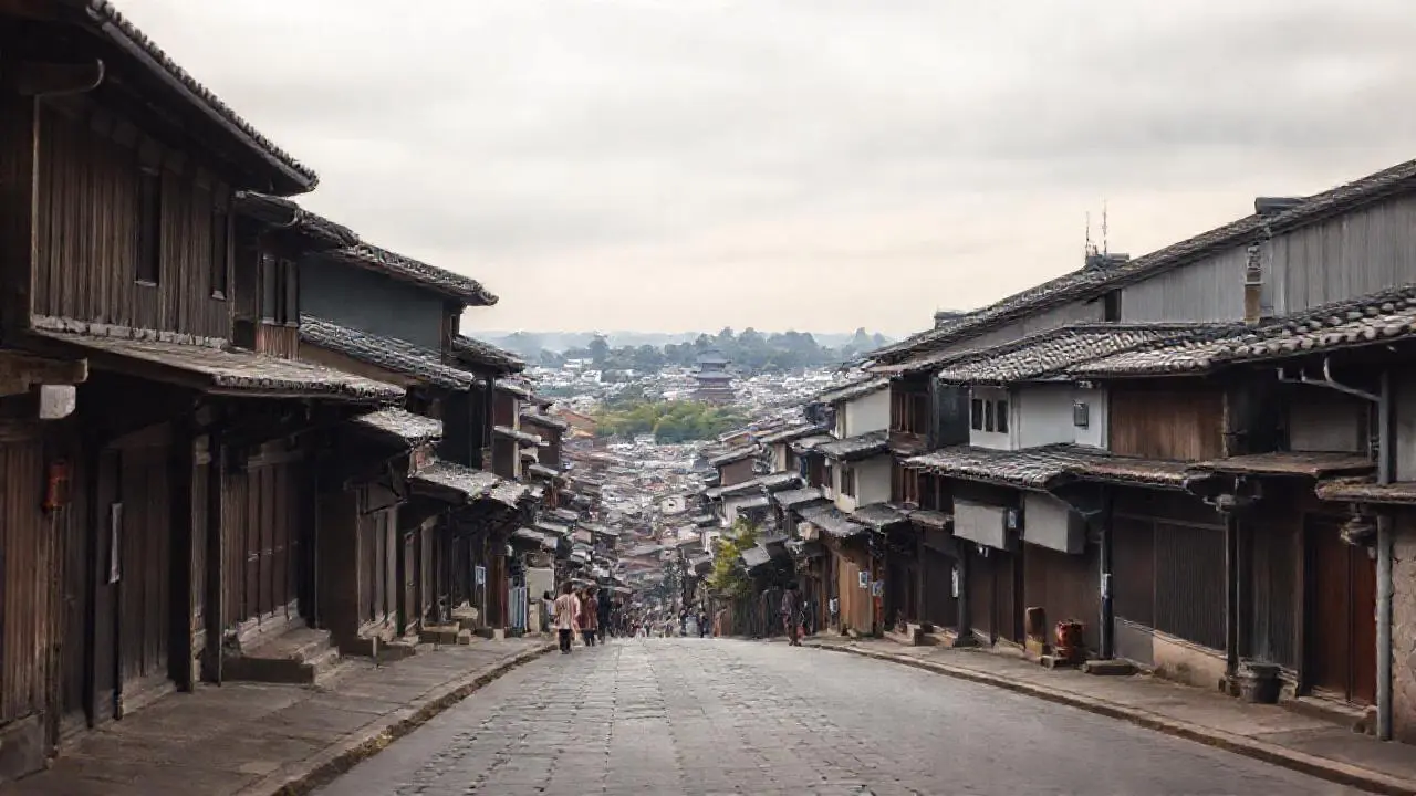 Ciudad japonesa antigua, luz suave y tranquila