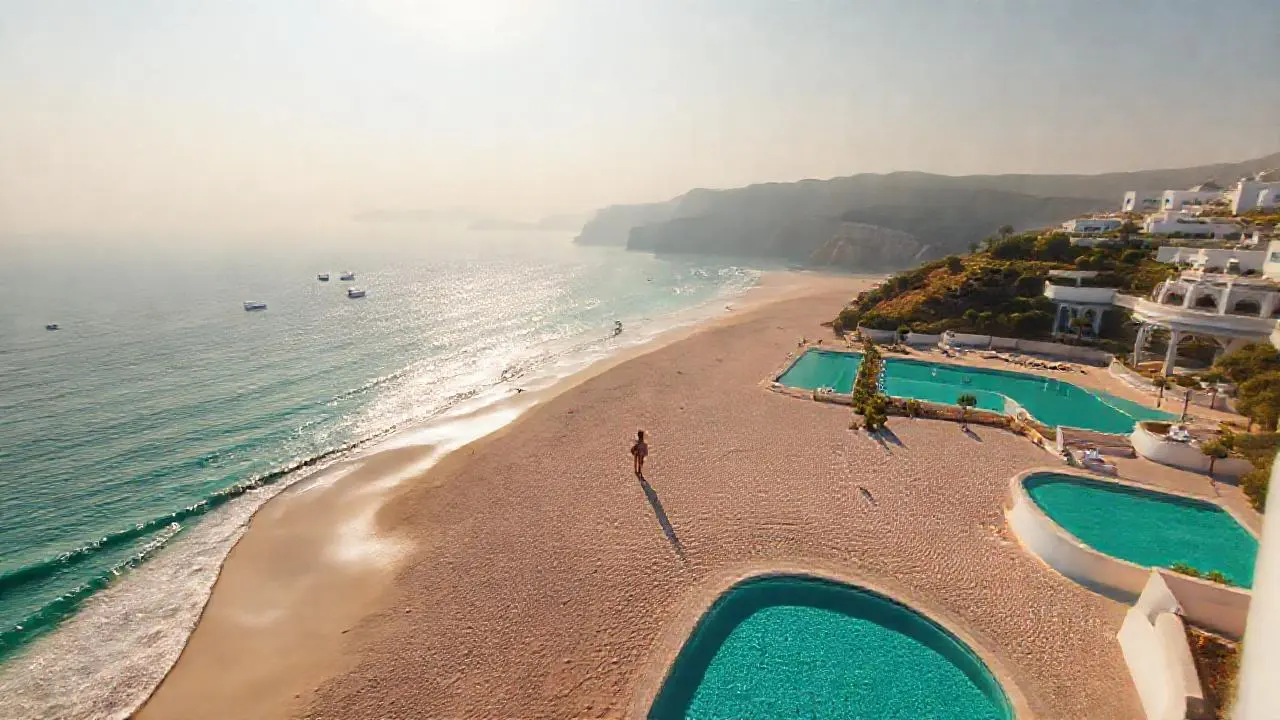 Playa soleada, calma y extensa belleza