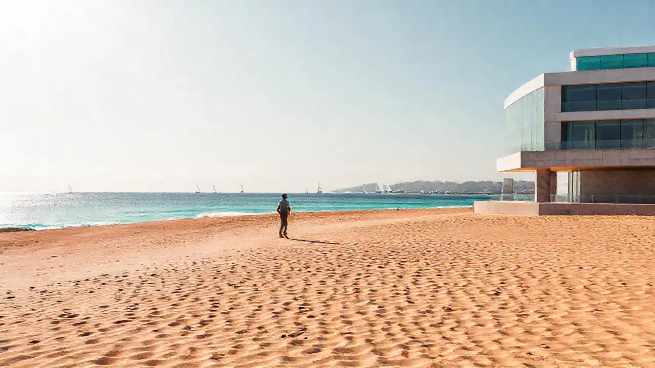 Tranquila playa con arquitectura moderna y cielo