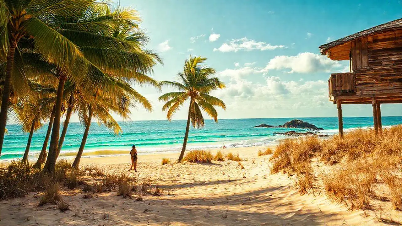 Playa tropical, luz cálida, y tranquilidad