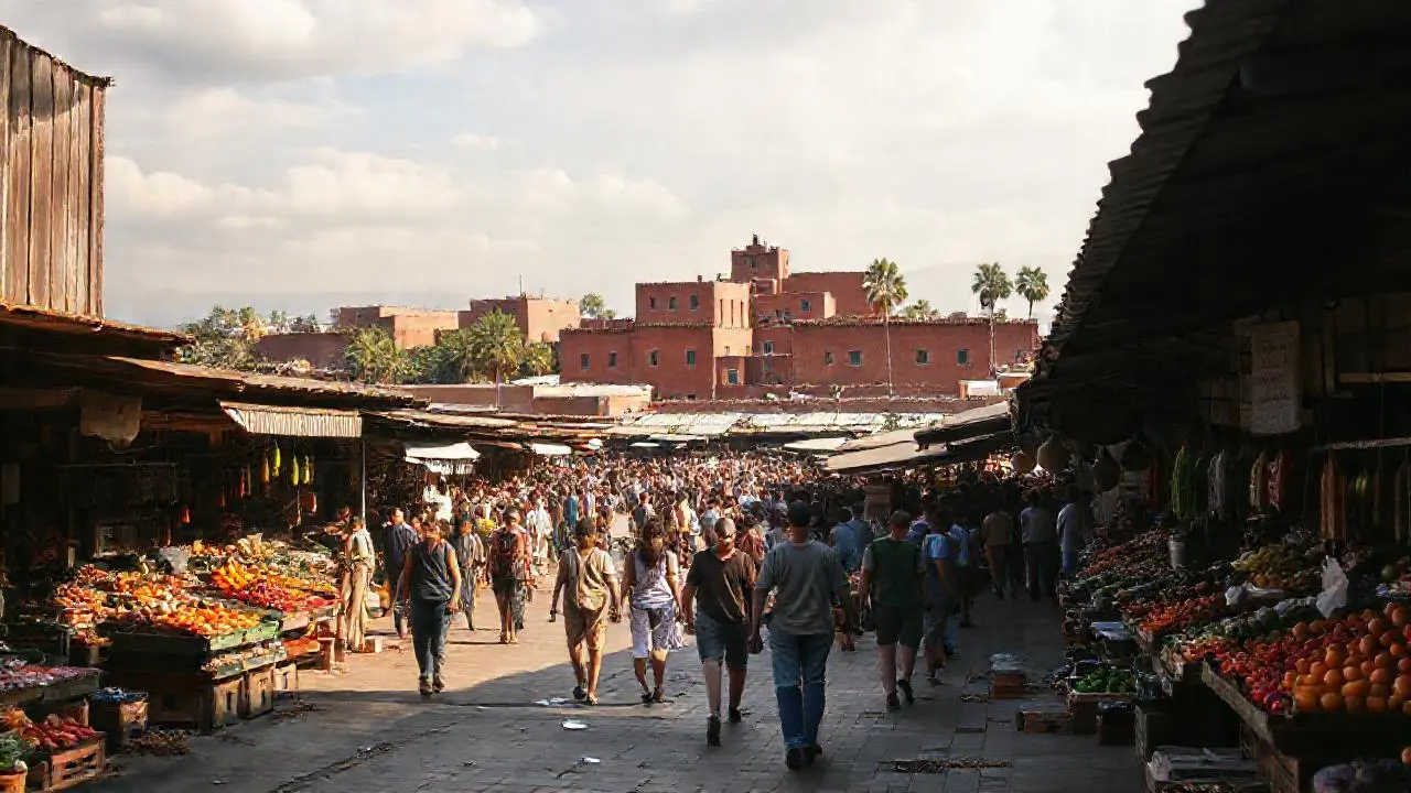Mercado vibrante bajo luz cálida y suave