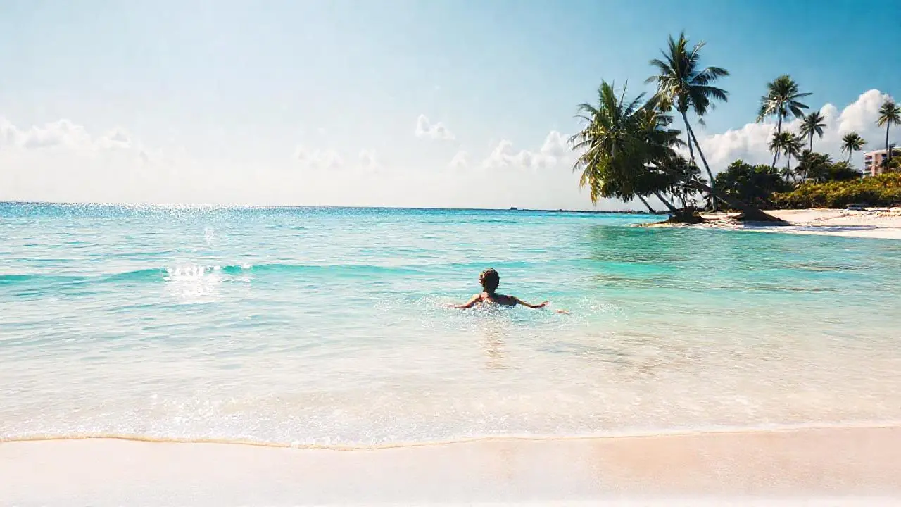 Playa tranquila, luz cálida, y cielo despejado