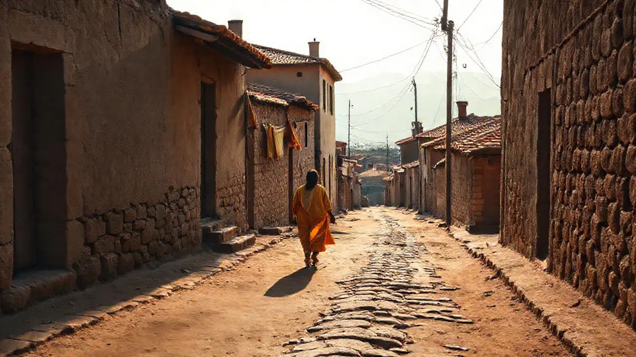 Un tranquilo pueblo antiguo, cálido y polvoriento