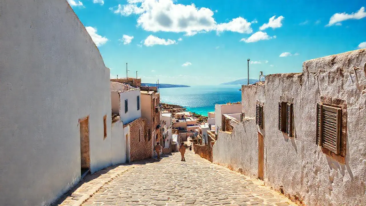 Pueblo costero tranquilo, bañado por la luz