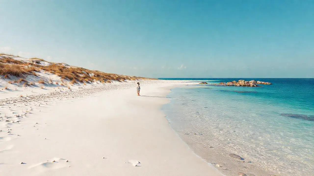 Playa serena, luz cálida y espacio abierto