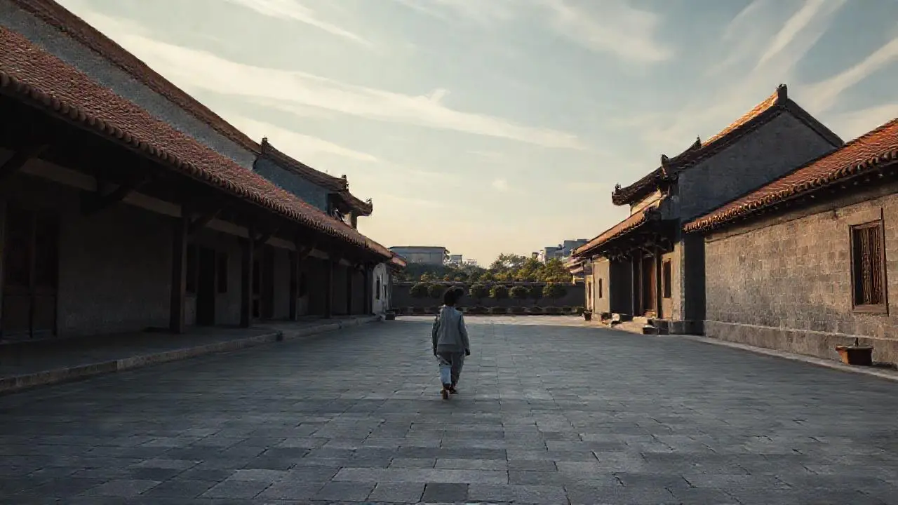 Arquitectura china tranquila bajo luz suave