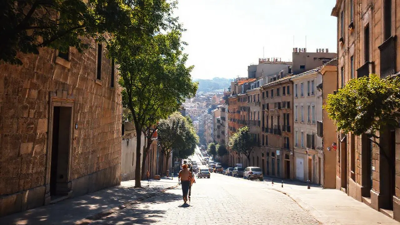 Calle urbana, luz cálida y relajada