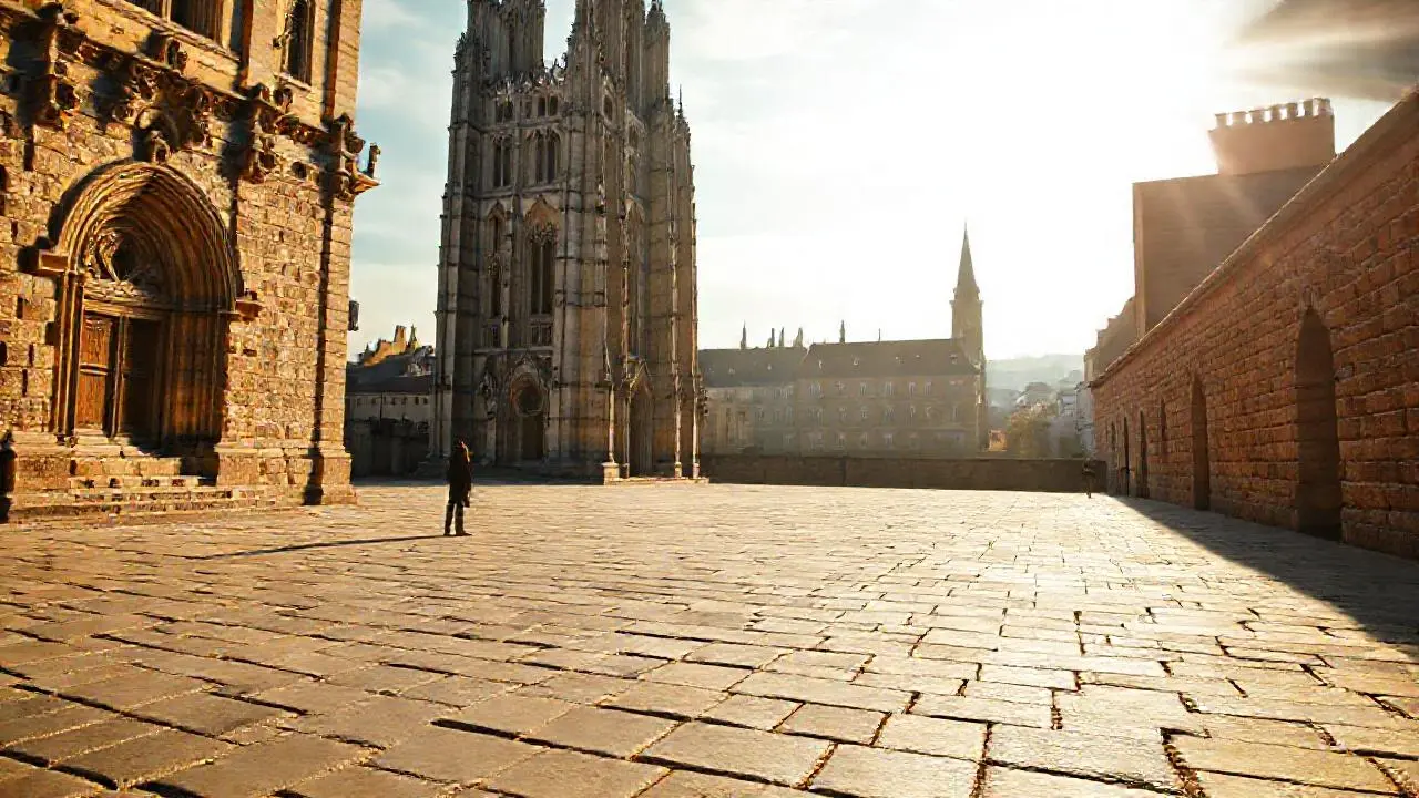Plaza gótica, luz suave, profundidad serena