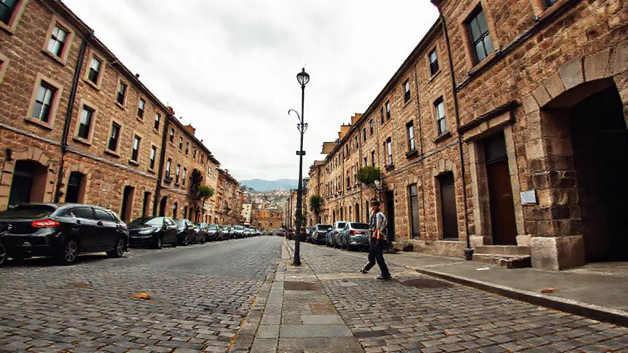Calle urbana tranquila, atmósfera nostálgica y realista