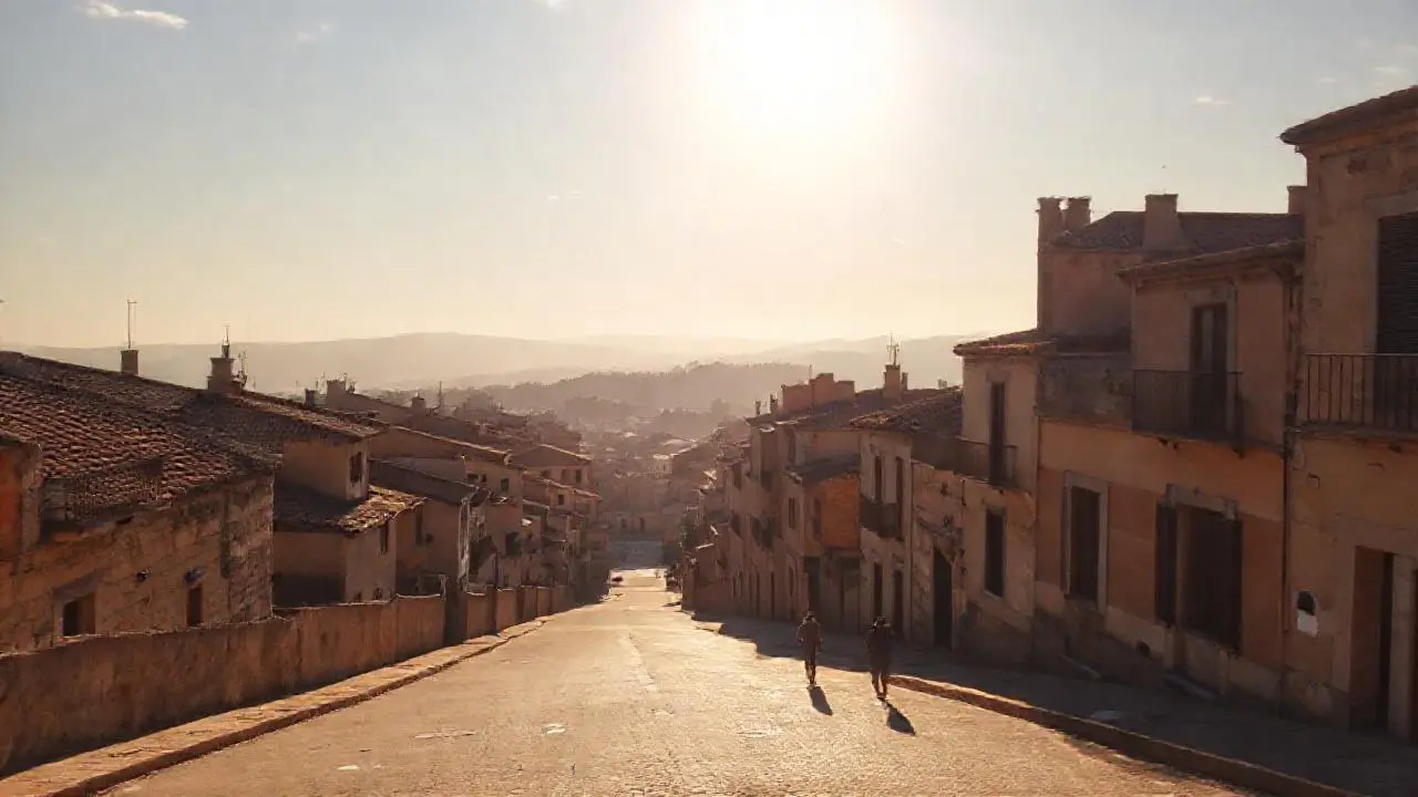 Pueblo antiguo, luz suave, calma serena