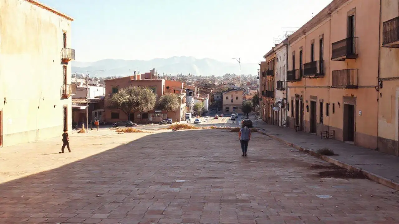 Plaza soleada, tranquila y ligeramente borrosa