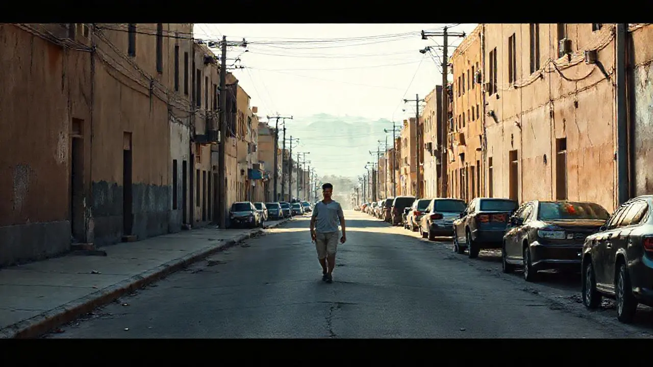 Calle urbana tranquila, ligeramente borrosa y polvorienta