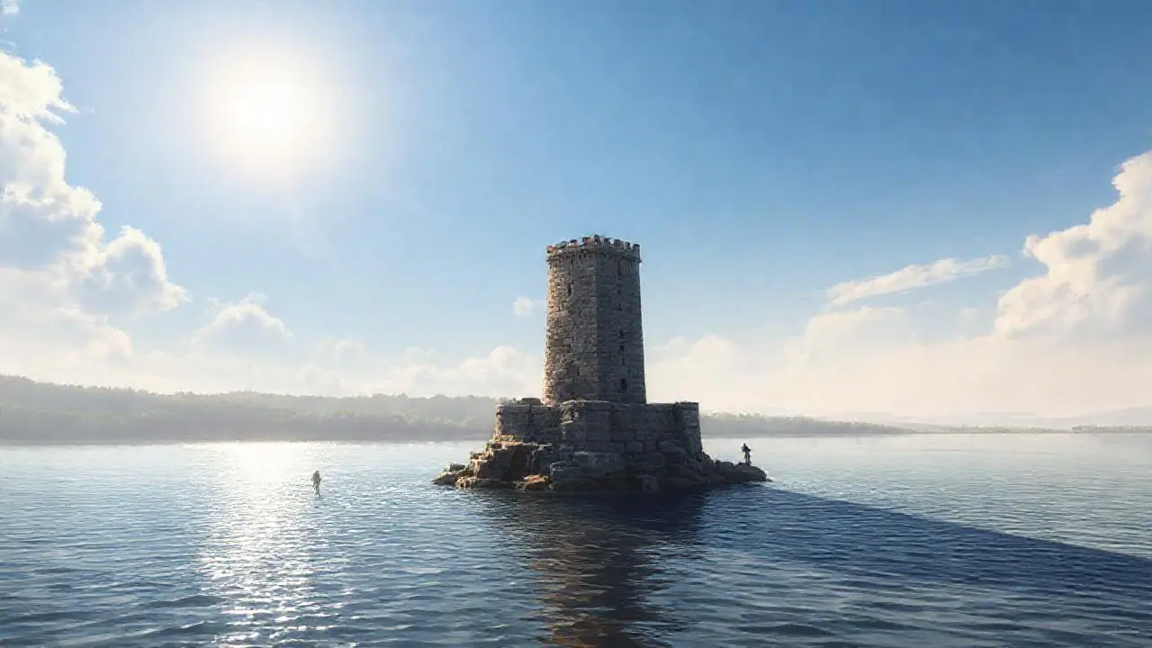 Paisaje sereno con torre y río amplios