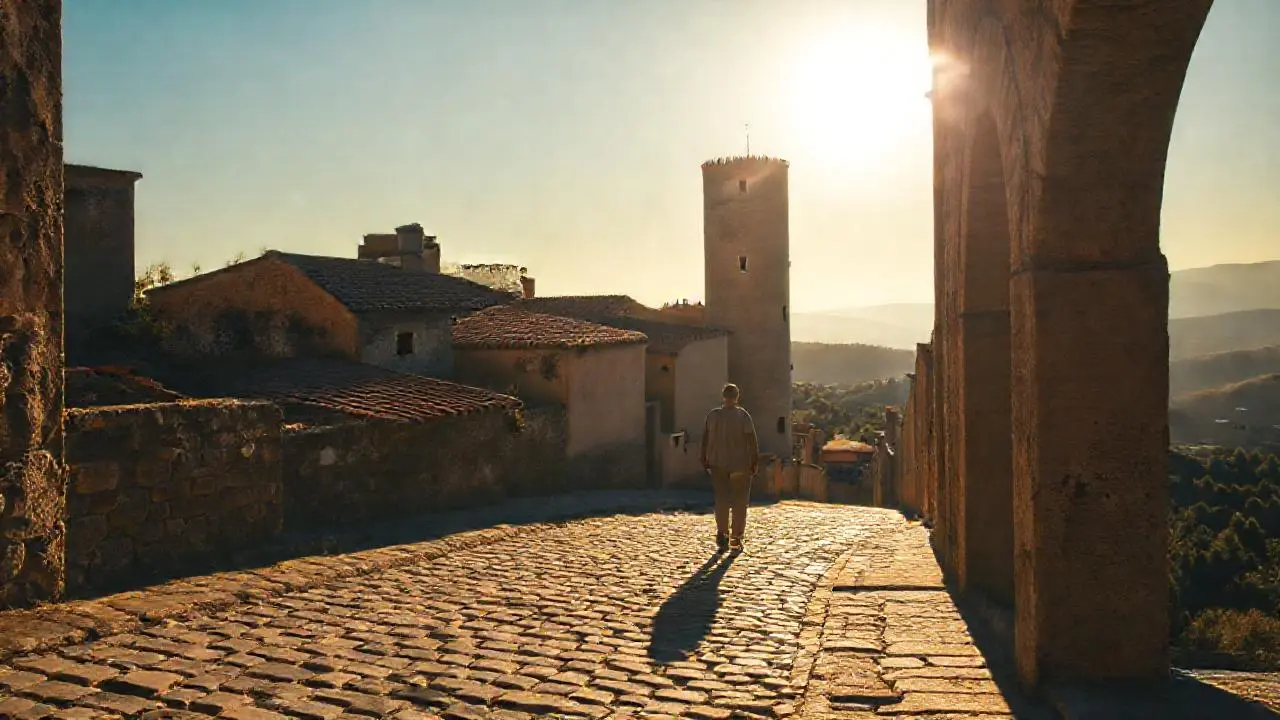 Pueblo antiguo, luz suave y distante